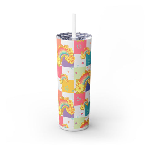 Double Wall Insulated 20 oz. Skinny Tumbler in Colorful,Tropical, Retro Hawaii Rainbow Checkers design, Cute Water Bottles, Fun Summer Print